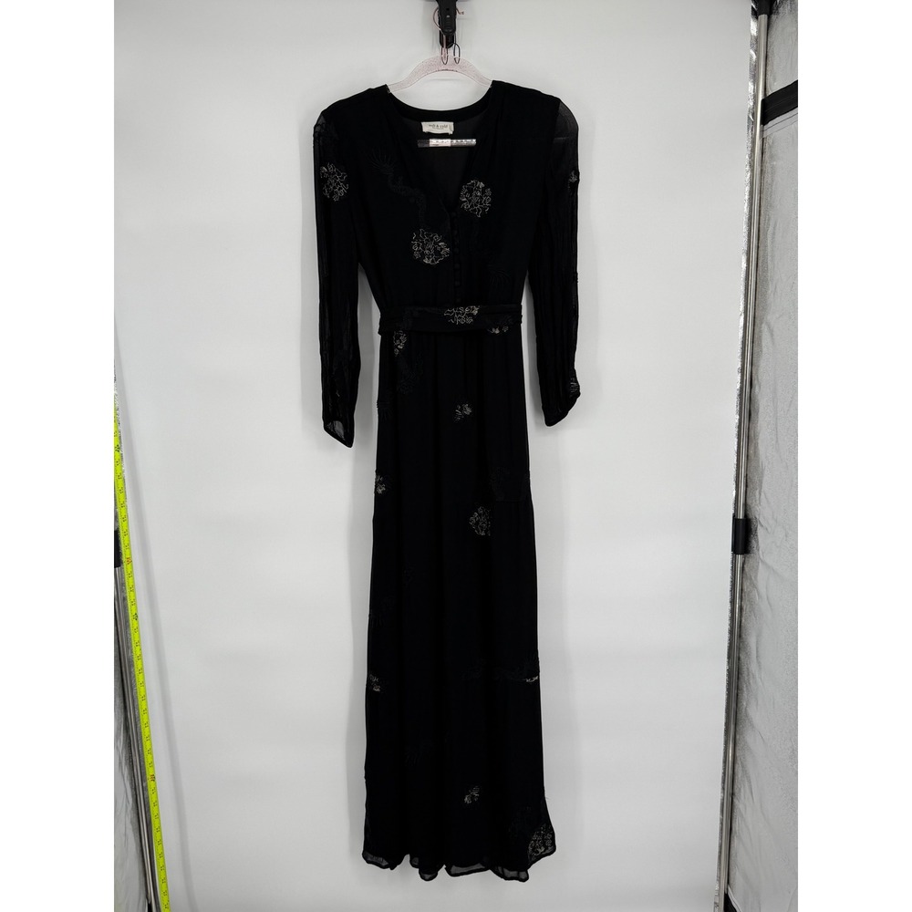 Indi & Cold San Sebastián Sz S‎ Black Maxi Dress Embroidered Detail Long Sleeve